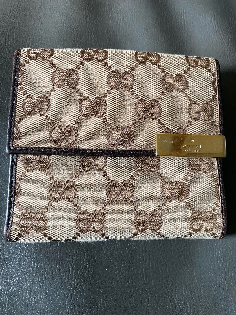 Gucci Beige/Brown GG Canvas Bifold Wallet with Gold Plate